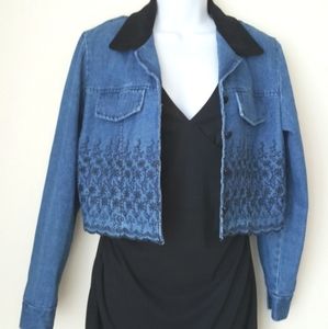 Denim Crop Floral Vintage Jacket Black Floral Embroidery Details Size Small